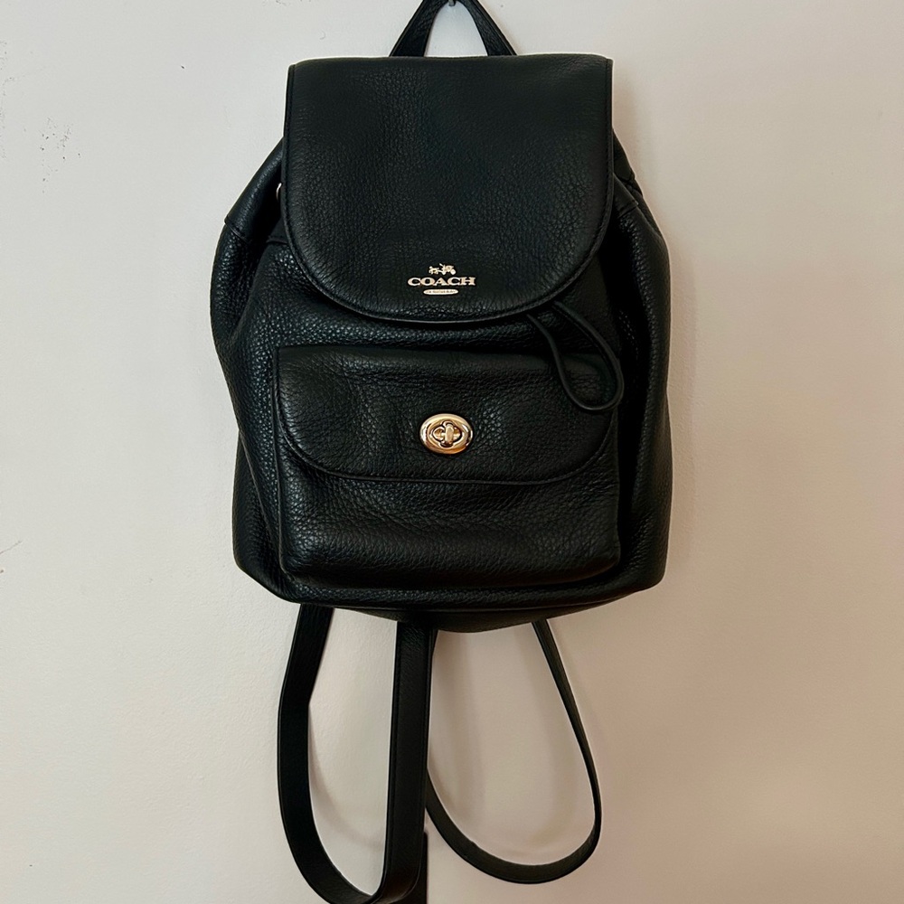Coach Black Leather Backpack with Turn-Lock Pocket